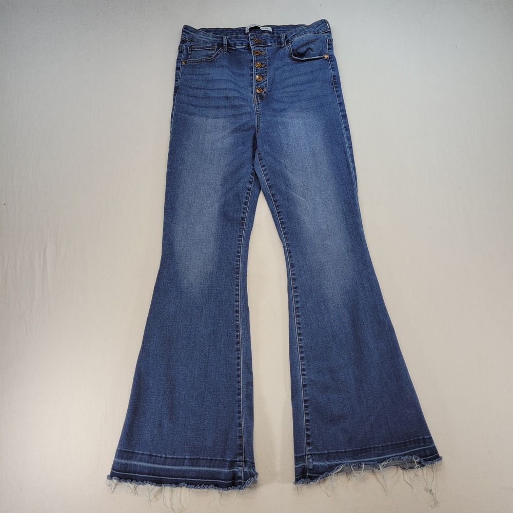 Celebrity Pink Flare Jeans Womens 13/31 Blue High Rise Button Fly Raw Hem Denim